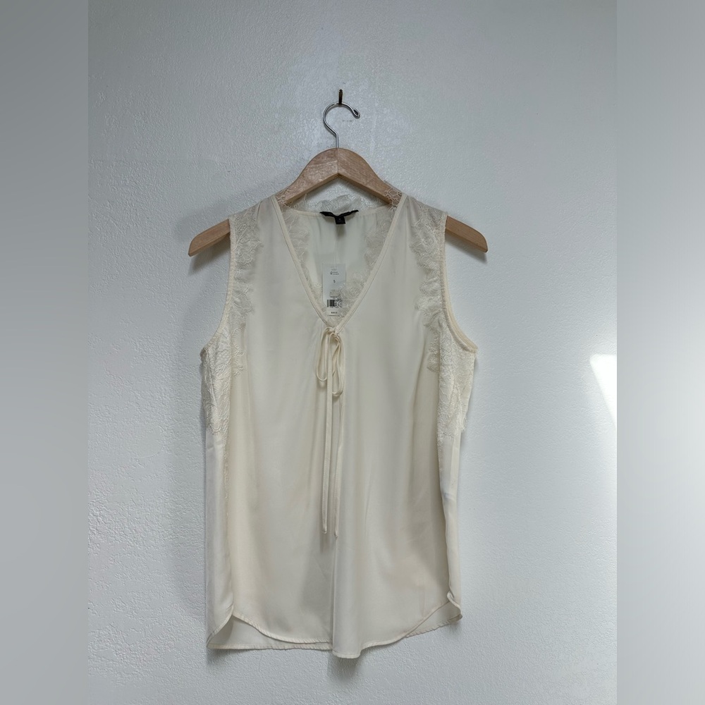 NWT Banana Republic Satin Cream Lace Trim Tank Top with tie at neck